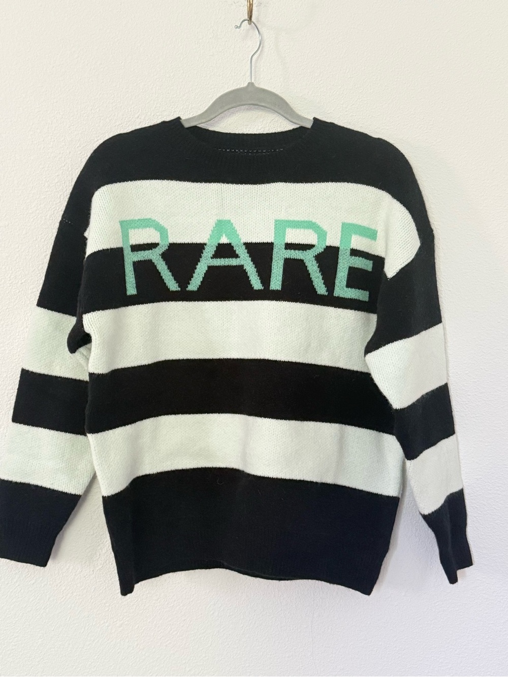 Black White Striped 'RARE' Graphic Crewneck Cozy L/S Sweater Oversized Size XS